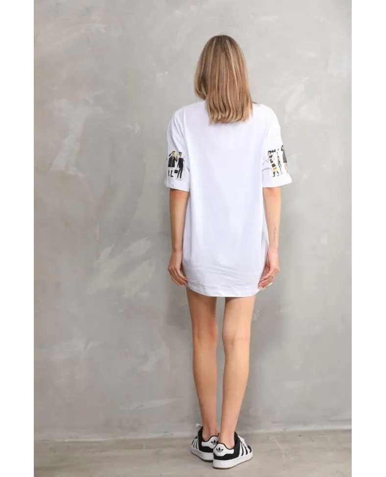 kadın  Bisiklet Yaka Baskılı Oversize T-Shirt - Beyaz