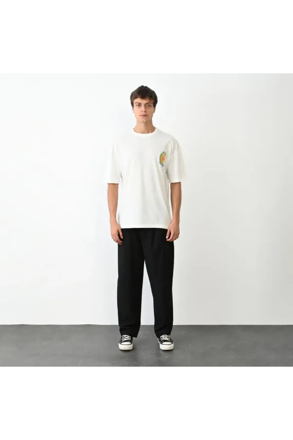 Erkek Bisiklet Yaka Baskılı Oversize T-Shirt - Beyaz