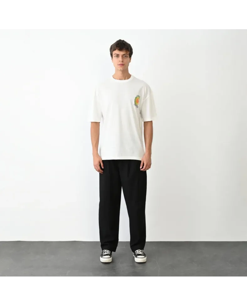 Erkek Bisiklet Yaka Baskılı Oversize T-Shirt - Beyaz