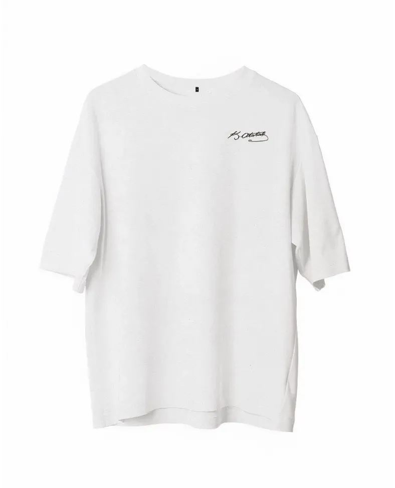 Erkek Bisiklet Yaka Baskılı Oversize T-Shirt - Beyaz