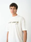 Erkek  Bisiklet Yaka Baskılı Oversize T-Shirt - Beyaz