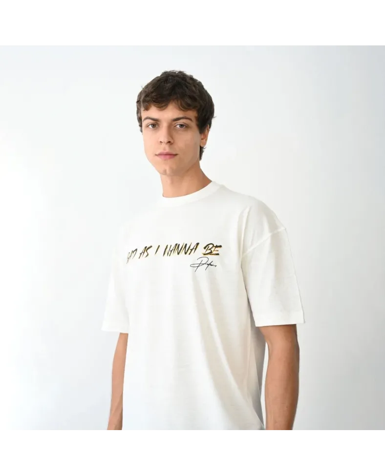 Erkek  Bisiklet Yaka Baskılı Oversize T-Shirt - Beyaz