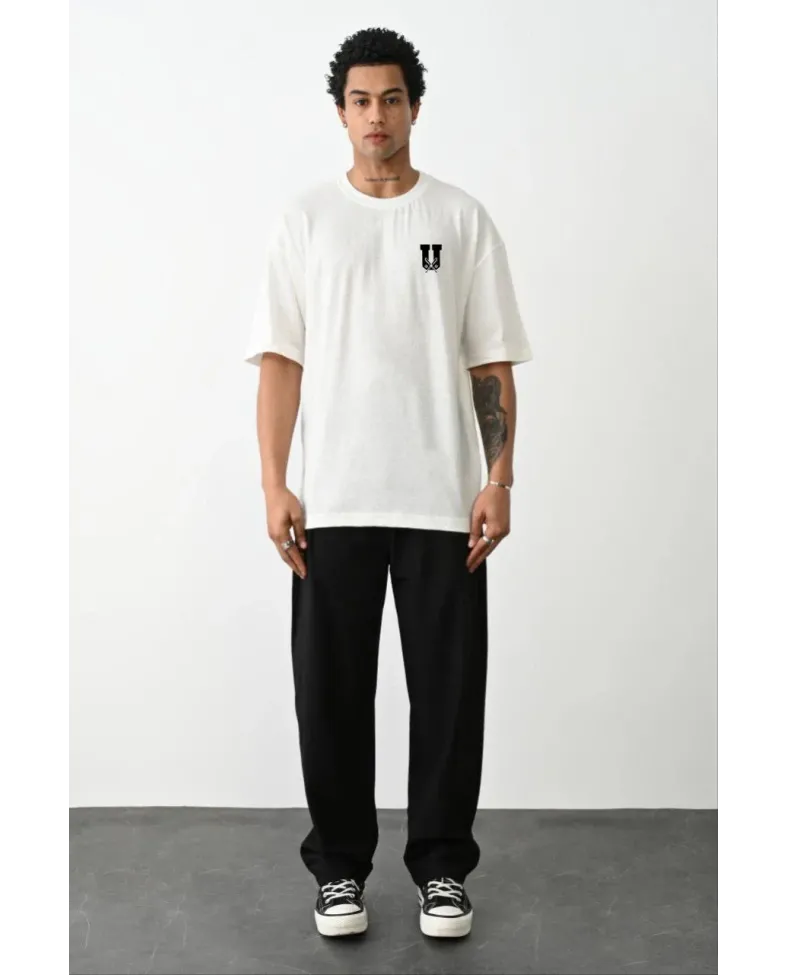 Erkek  Bisiklet Yaka Baskılı Oversize T-Shirt - Beyaz