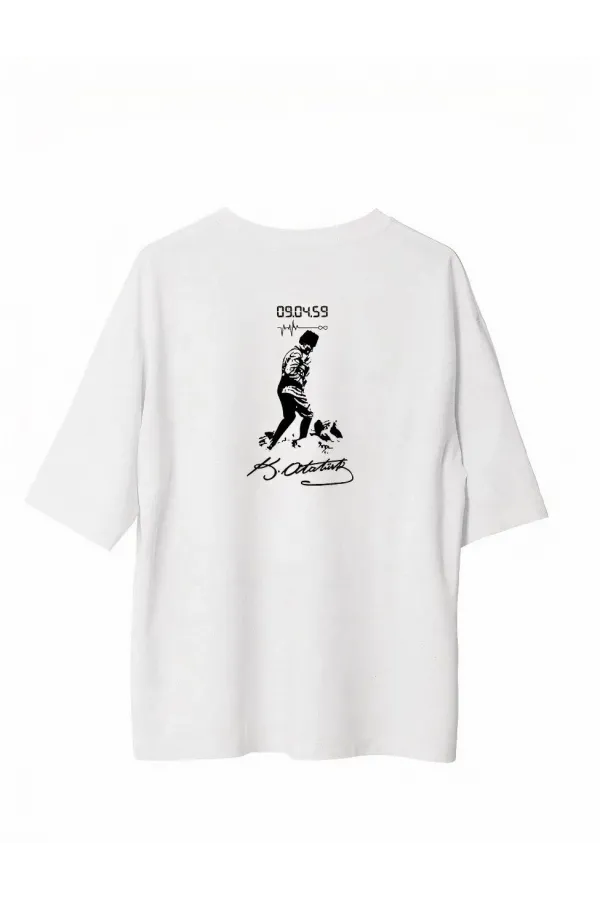 Erkek Bisiklet Yaka Baskılı Oversize T-Shirt - Beyaz