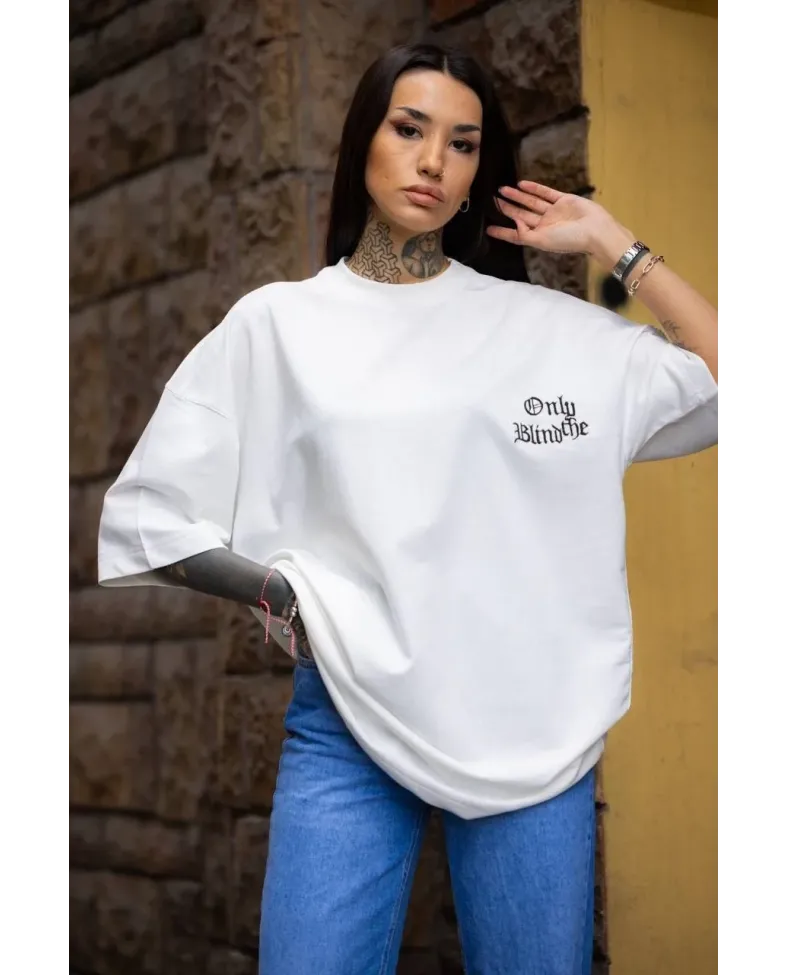 kadın Bisiklet Yaka Baskılı Oversize T-Shirt - Beyaz