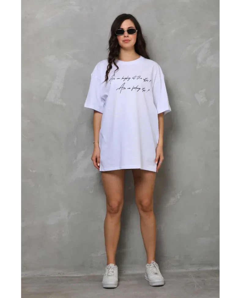 kadın Bisiklet Yaka Baskılı Oversize T-Shirt - Beyaz