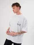 Erkek Bisiklet Yaka Baskılı Oversize T-Shirt - Beyaz