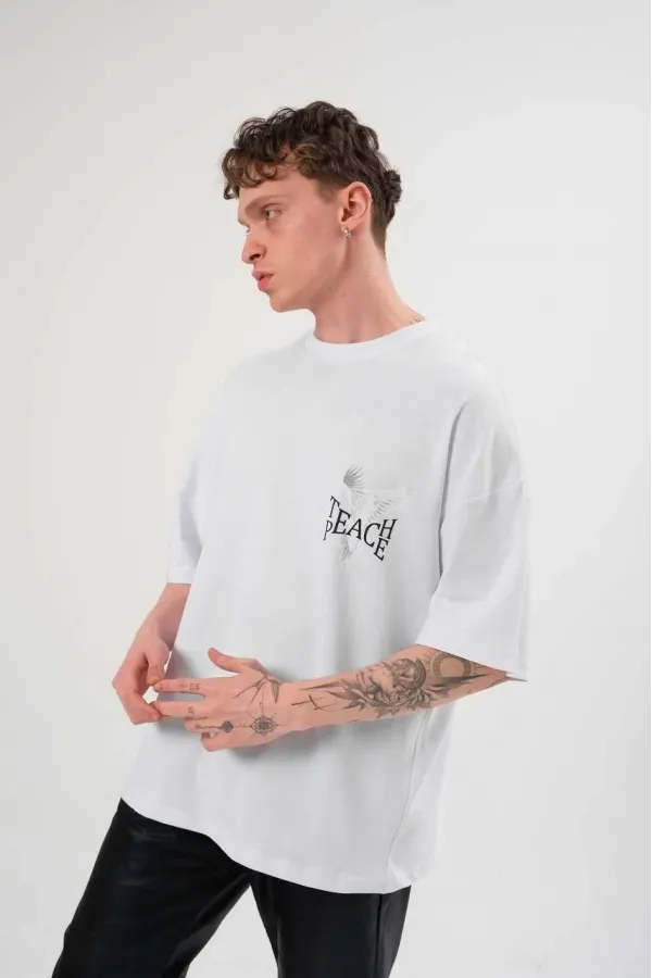 Erkek Bisiklet Yaka Baskılı Oversize T-Shirt - Beyaz