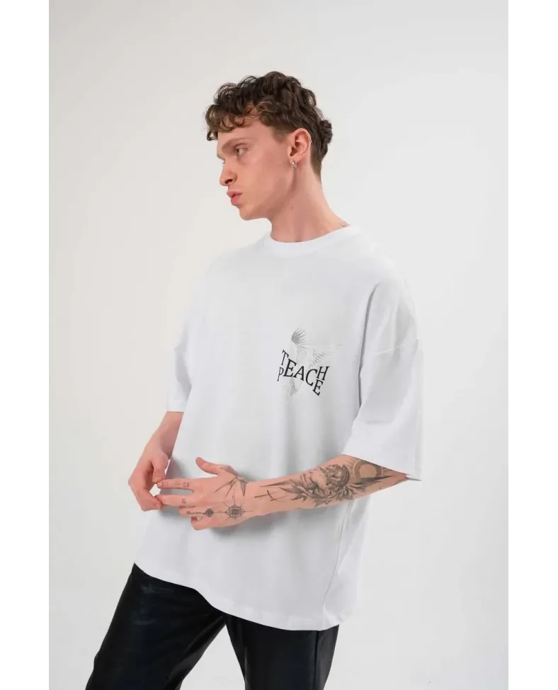 Erkek Bisiklet Yaka Baskılı Oversize T-Shirt - Beyaz