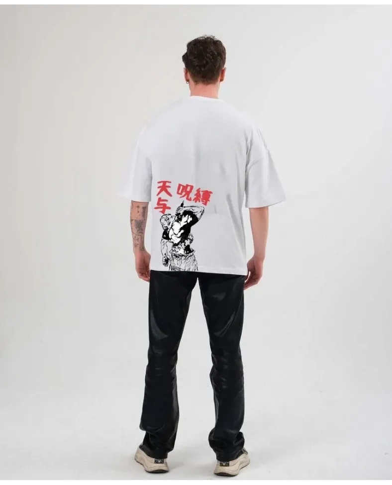 ERKEK Bisiklet Yaka ön ve sırt Baskılı Oversize T-Shirt - Beyaz