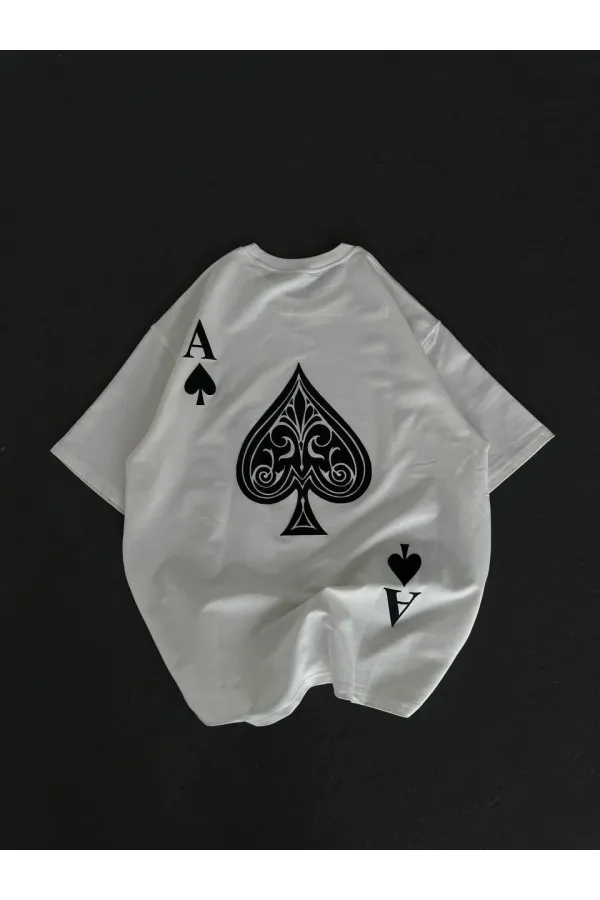 kadın  Bisiklet Yaka Baskılı Oversize T-Shirt - Beyaz