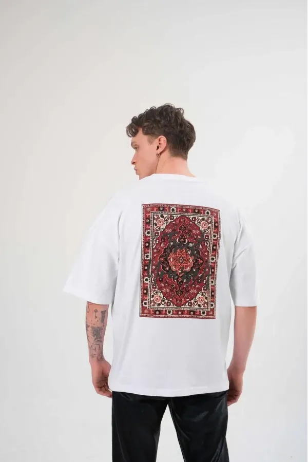 Erkek Bisiklet Yaka Baskılı Oversize T-Shirt - Beyaz