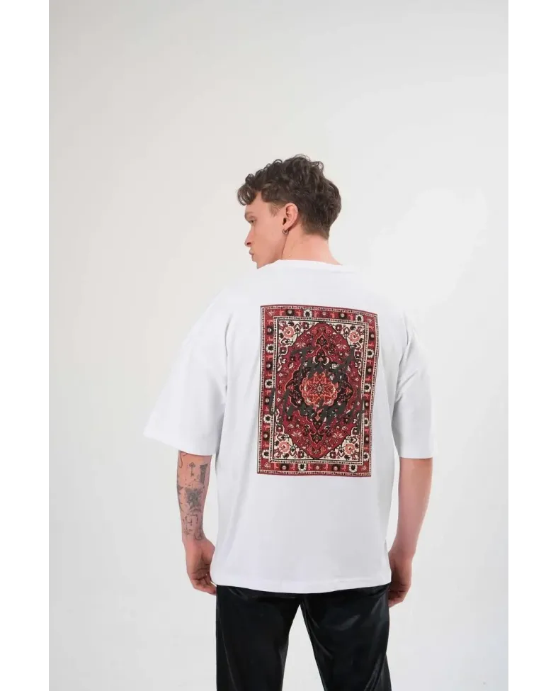 Erkek Bisiklet Yaka Baskılı Oversize T-Shirt - Beyaz