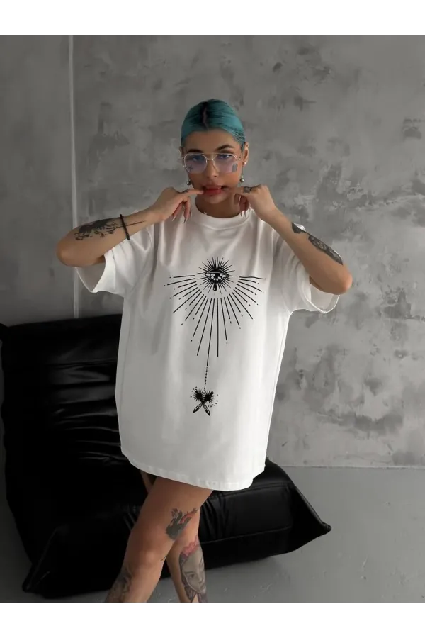 kadın Bisiklet Yaka Baskılı Oversize T-Shirt - Beyaz