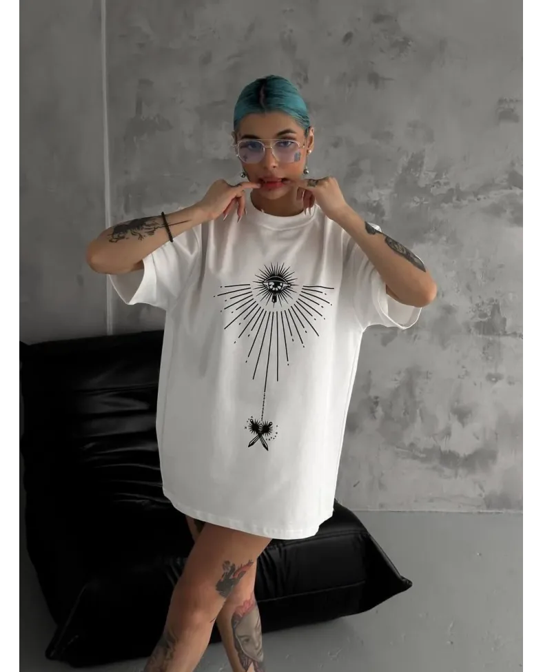 kadın Bisiklet Yaka Baskılı Oversize T-Shirt - Beyaz