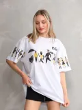 kadın  Bisiklet Yaka Baskılı Oversize T-Shirt - Beyaz