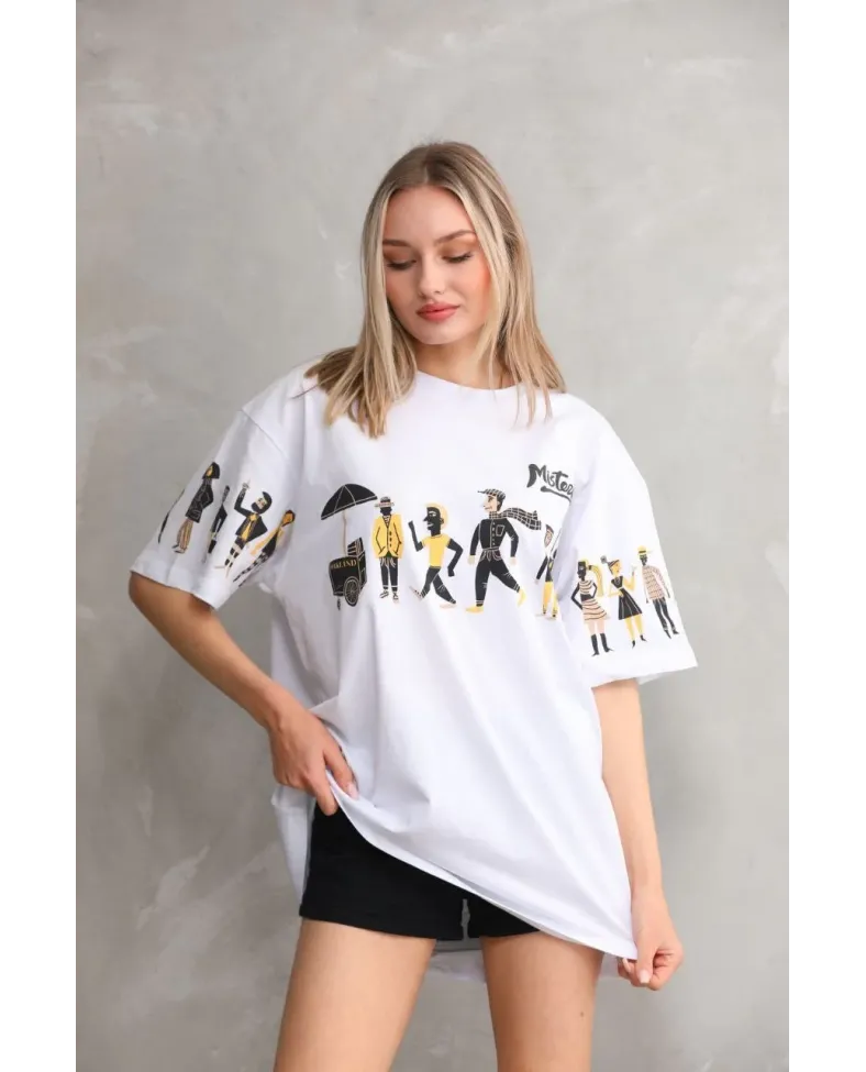 kadın  Bisiklet Yaka Baskılı Oversize T-Shirt - Beyaz