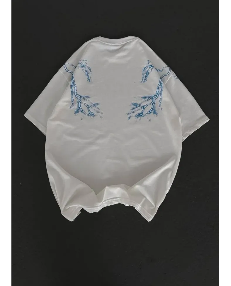 Kadın Bisiklet Yaka Baskılı Oversize T-Shirt - Beyaz