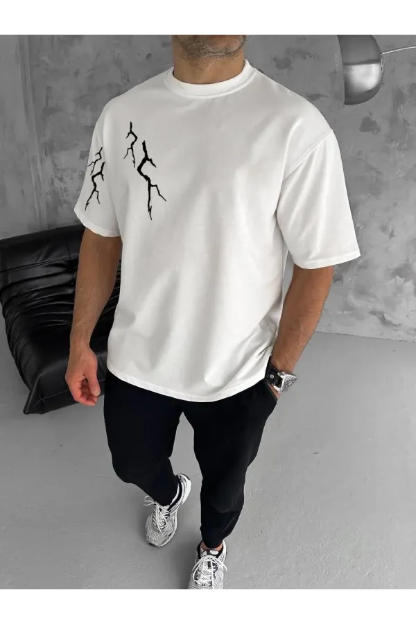 ERKEK Bisiklet Yaka kol ve arka Baskılı Oversize T-Shirt - Beyaz