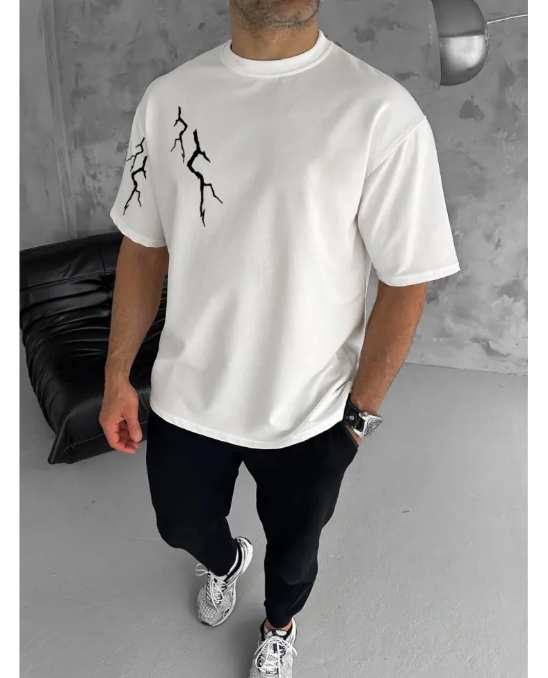 ERKEK Bisiklet Yaka kol ve arka Baskılı Oversize T-Shirt - Beyaz