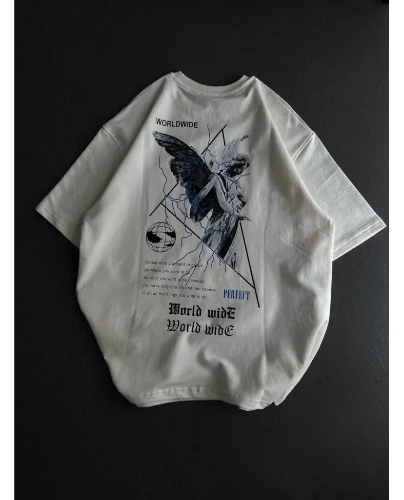 kadın Bisiklet Yaka Baskılı Oversize T-Shirt - Beyaz