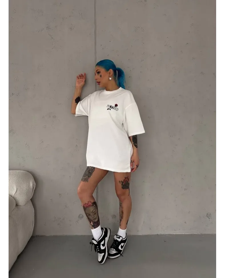 kadın Bisiklet Yaka Baskılı Oversize T-Shirt - Beyaz