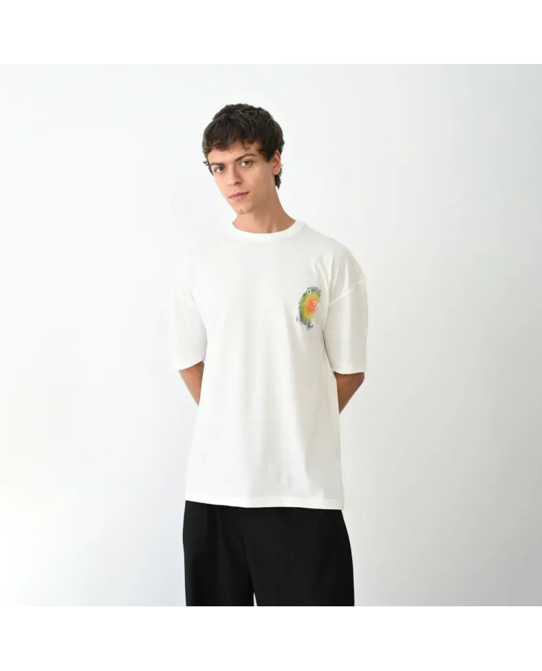 Erkek Bisiklet Yaka Baskılı Oversize T-Shirt - Beyaz