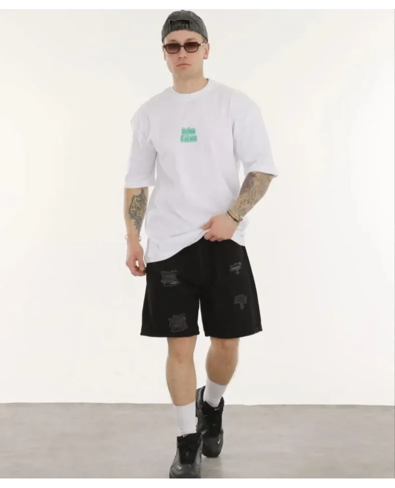 ERKEK Bisiklet Yaka Baskılı Oversize T-Shirt - Beyaz