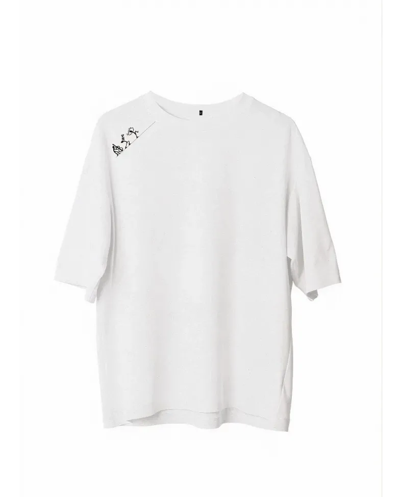 Erkek Bisiklet Yaka Baskılı Oversize T-Shirt - Beyaz