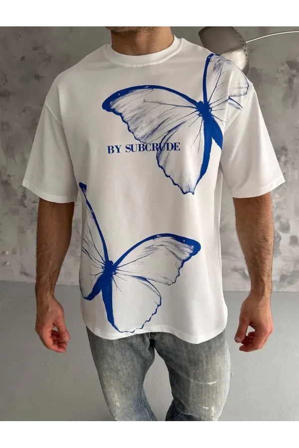 Erkek  Bisiklet Yaka Baskılı Oversize T-Shirt - Beyaz