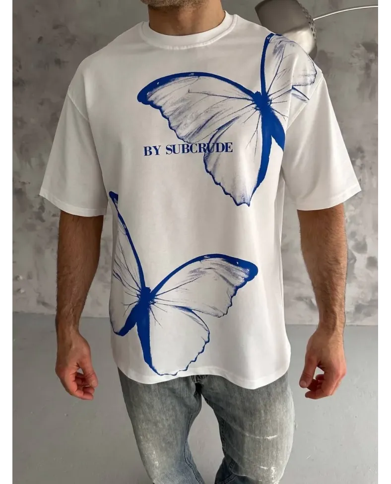 Erkek  Bisiklet Yaka Baskılı Oversize T-Shirt - Beyaz