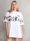 kadın  Bisiklet Yaka Baskılı Oversize T-Shirt - Beyaz