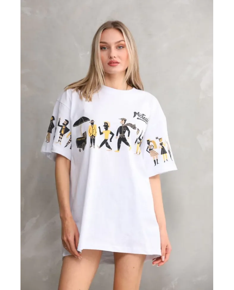 kadın  Bisiklet Yaka Baskılı Oversize T-Shirt - Beyaz