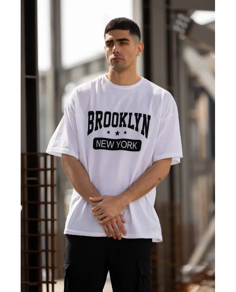 ERKEK Bisiklet Yaka Baskılı Oversize T-Shirt - Beyaz