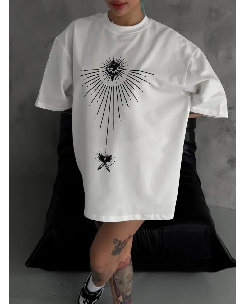 kadın Bisiklet Yaka Baskılı Oversize T-Shirt - Beyaz