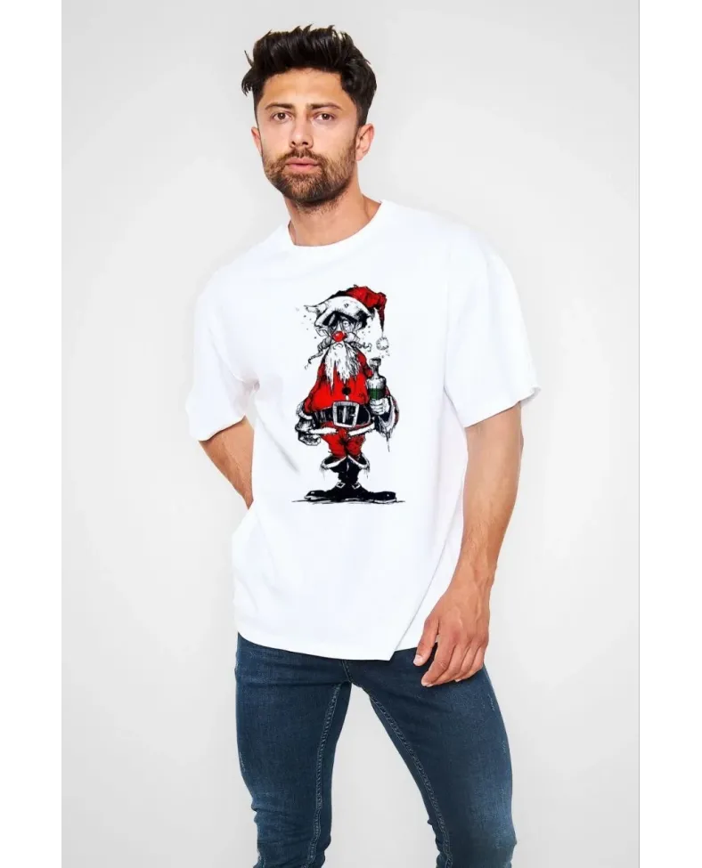 ERKEK Bisiklet Yaka Baskılı Oversize T-Shirt - Beyaz