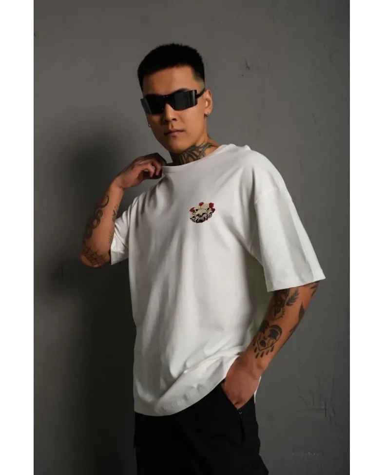 Erkek Bisiklet Yaka Baskılı Oversize T-Shirt - Beyaz