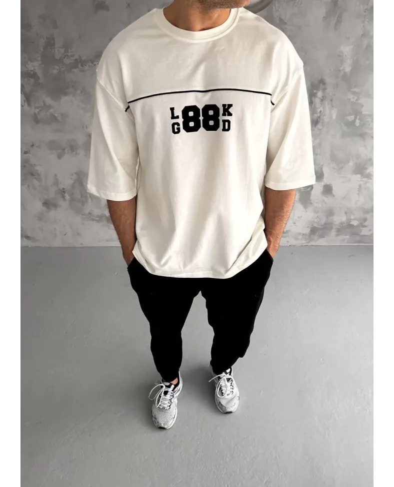 ERKEK Bisiklet Yaka Baskılı Oversize T-Shirt - Beyaz