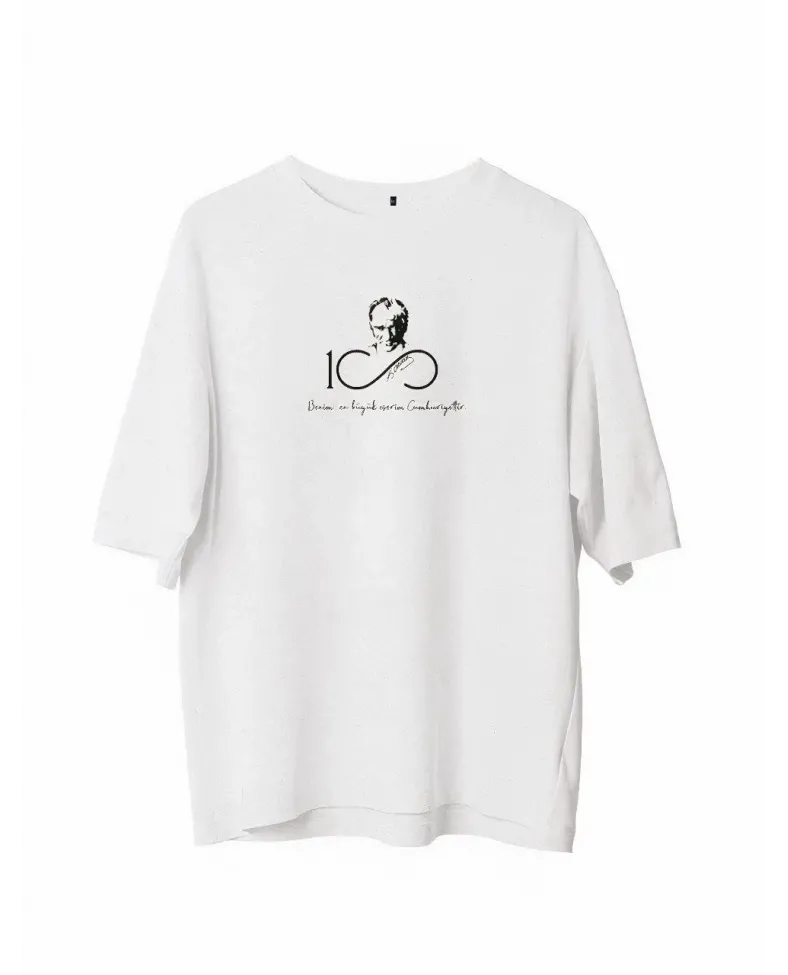 Erkek  Bisiklet Yaka Baskılı Oversize T-Shirt - Beyaz