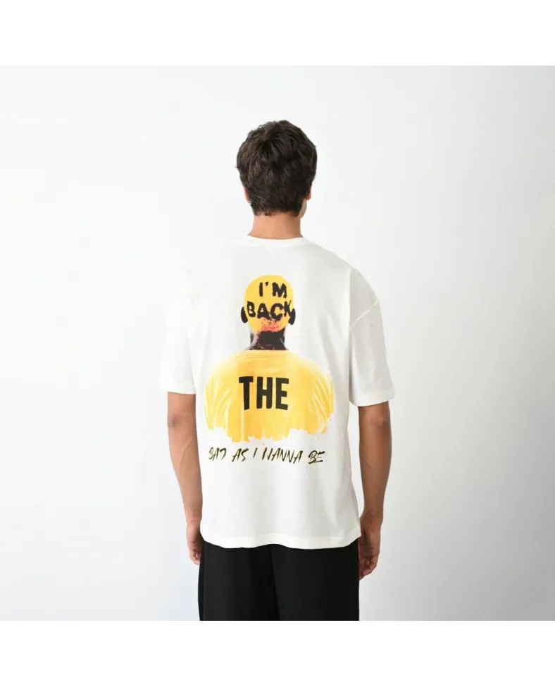 Erkek  Bisiklet Yaka Baskılı Oversize T-Shirt - Beyaz