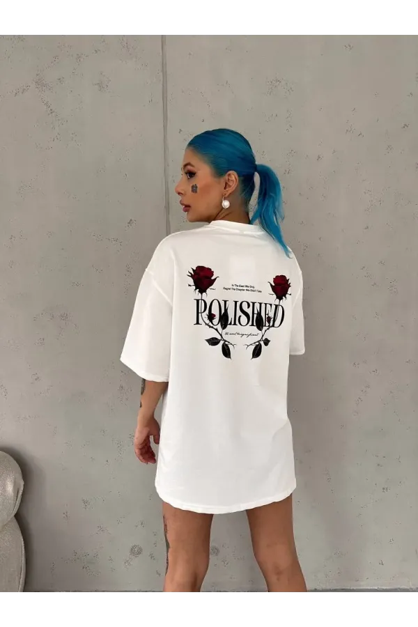 kadın Bisiklet Yaka Baskılı Oversize T-Shirt - Beyaz