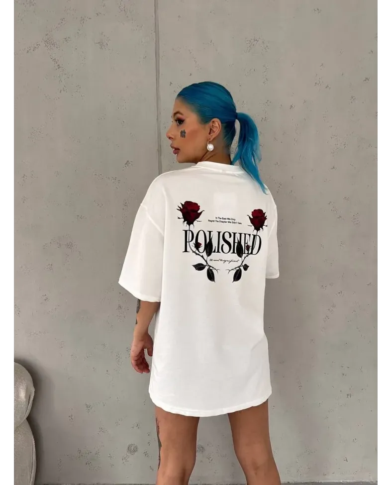 kadın Bisiklet Yaka Baskılı Oversize T-Shirt - Beyaz