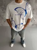 Erkek  Bisiklet Yaka Baskılı Oversize T-Shirt - Beyaz