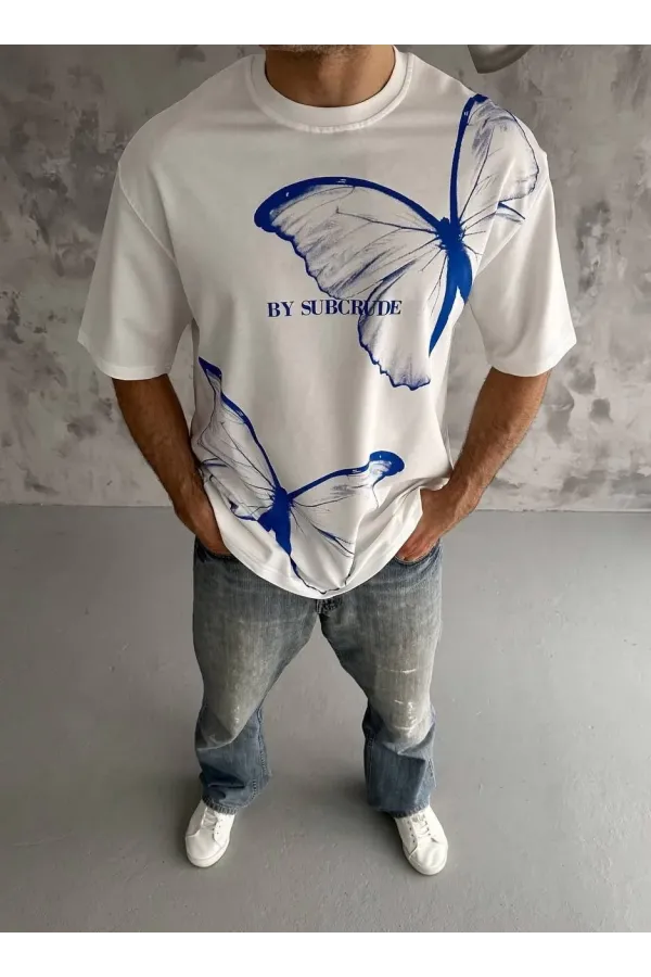 Erkek  Bisiklet Yaka Baskılı Oversize T-Shirt - Beyaz