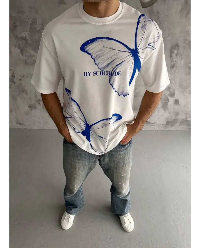 Erkek  Bisiklet Yaka Baskılı Oversize T-Shirt - Beyaz