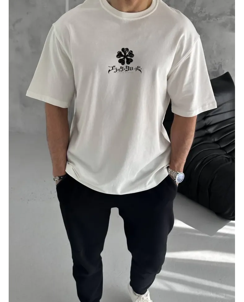 ERKEK Bisiklet Yaka Baskılı Oversize T-Shirt - Beyaz