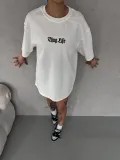 kadın  Bisiklet Yaka Baskılı Oversize T-Shirt - Beyaz