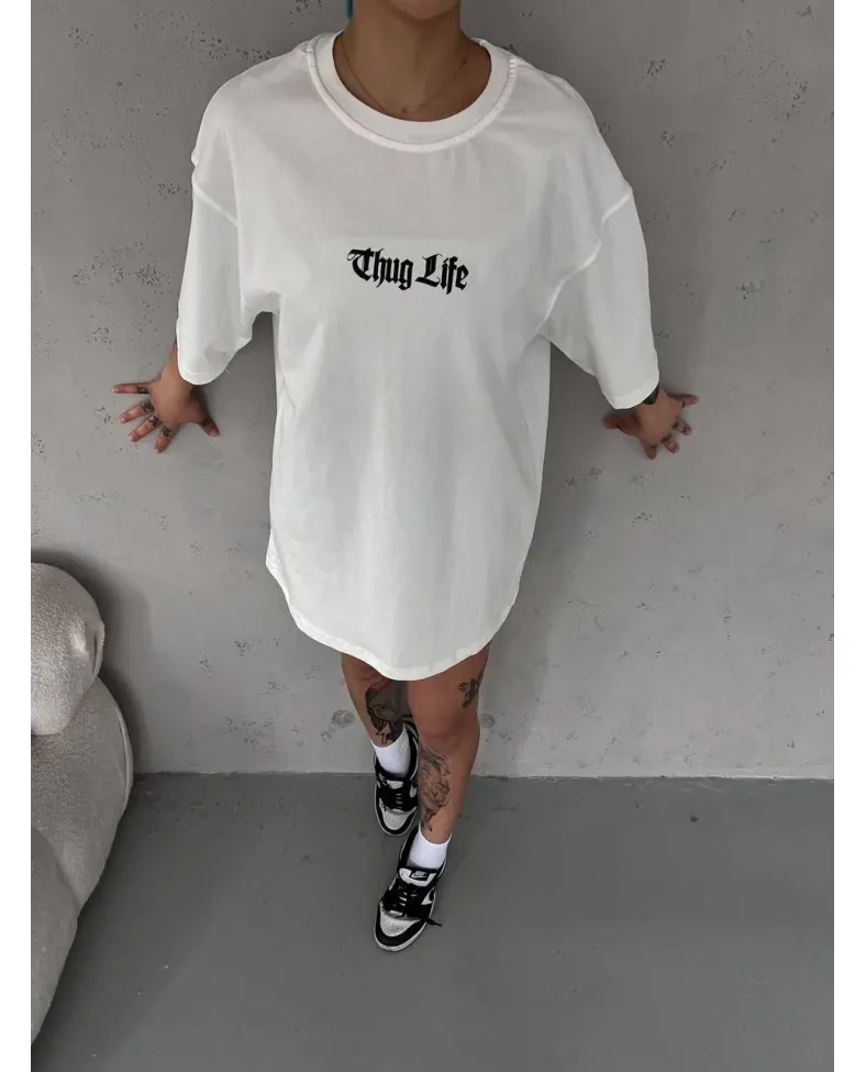 kadın  Bisiklet Yaka Baskılı Oversize T-Shirt - Beyaz