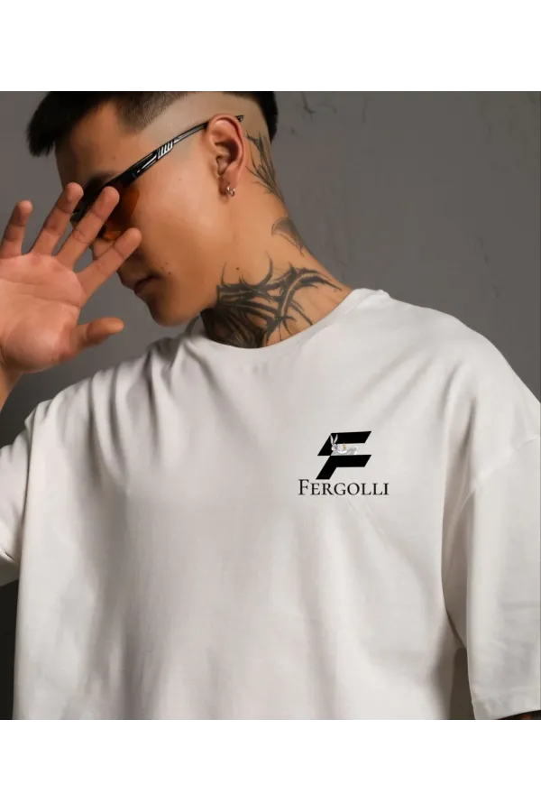 Erkek Bisiklet Yaka Baskılı Oversize T-Shirt - Beyaz