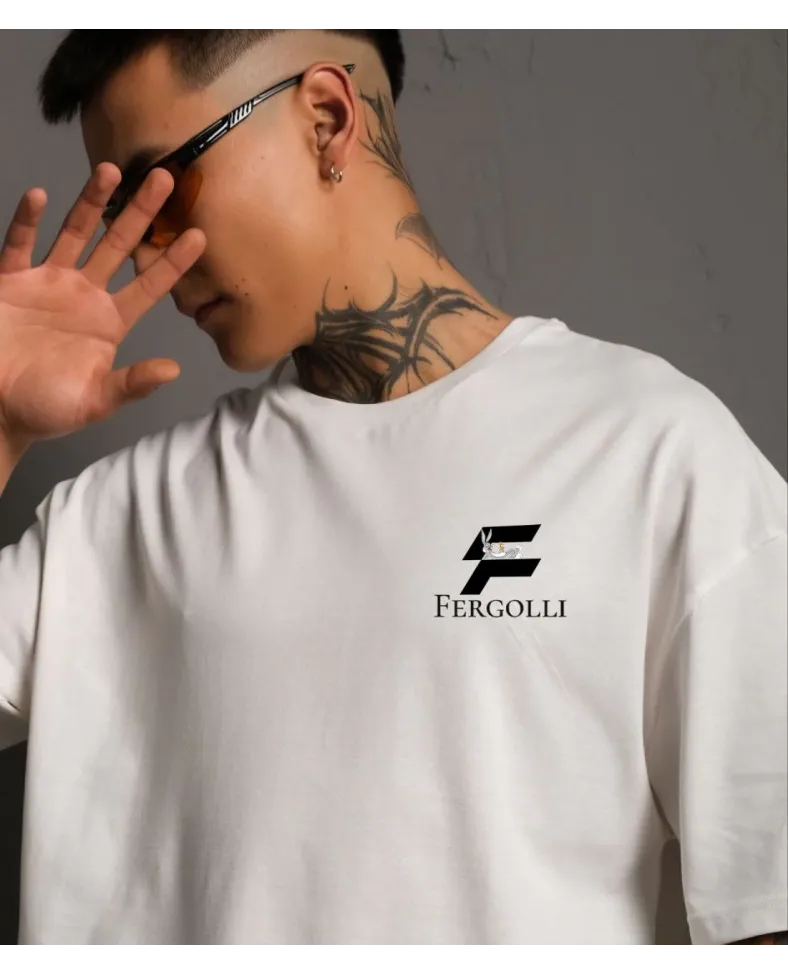 Erkek Bisiklet Yaka Baskılı Oversize T-Shirt - Beyaz